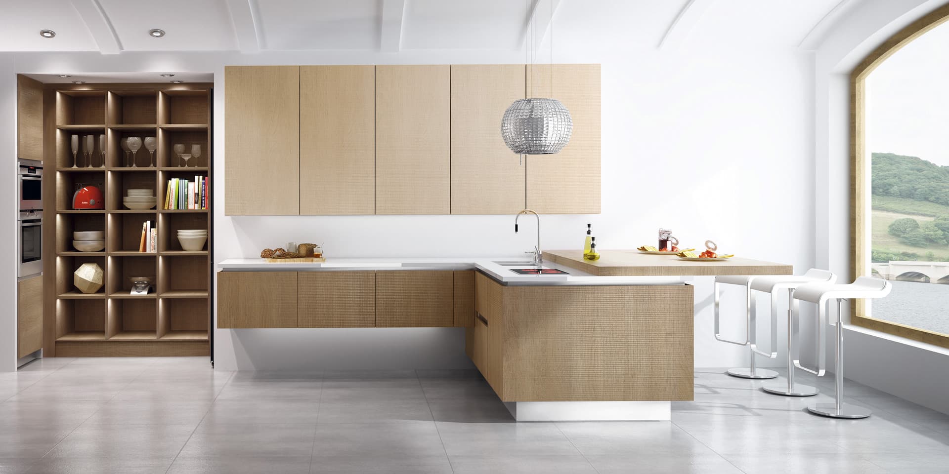 Cocina a medida de madera clara con isla y taburetes modernos en Tomelloso