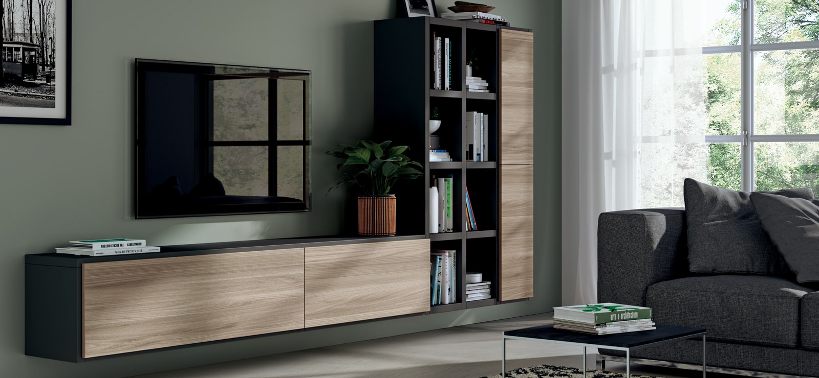 Mueble de salón para televisión a medida en madera y gris oscuro en Tomelloso