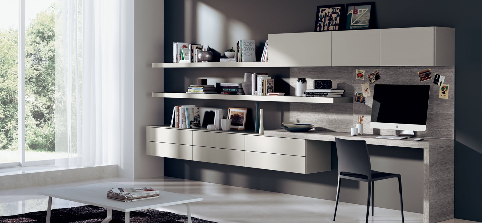 Diseño de mueble de salón moderno con escritorio integrado a medida en Tomelloso