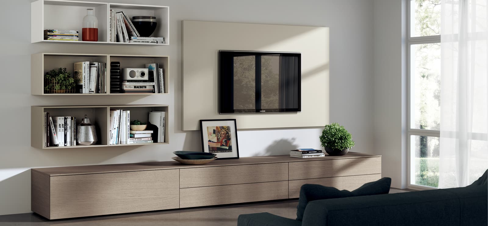Mueble bajo de salón con estantes cúbicos modulares en Tomelloso