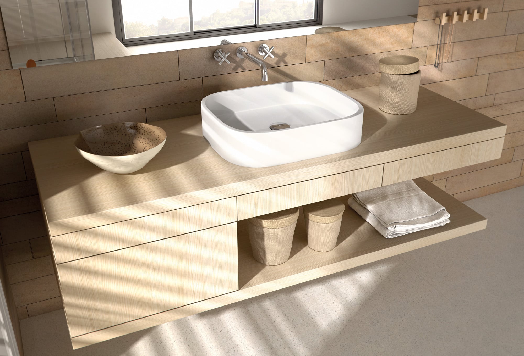 Mueble de baño suspendido en madera con lavabo sobre encimera en Tomelloso