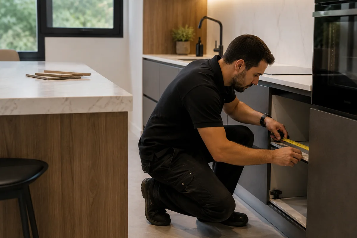 Profesional realizando la instalación de una cocina a medida en Tomelloso