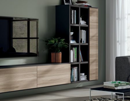 Mueble de salón para televisión a medida en madera y gris oscuro en Tomelloso